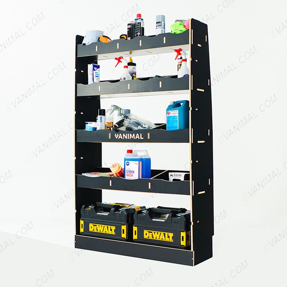 Close-up view of the front section of the MAN TGE 2017- MWB Hexaboard Front and Bulkhead Ply Racking and Shelving displayed with tools and toolboxes