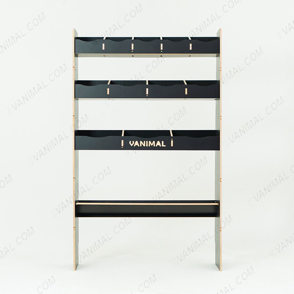 Front view of the MAN TGE 2017- MWB Hexaboard Front Ply Racking with Toolbox Shelf 