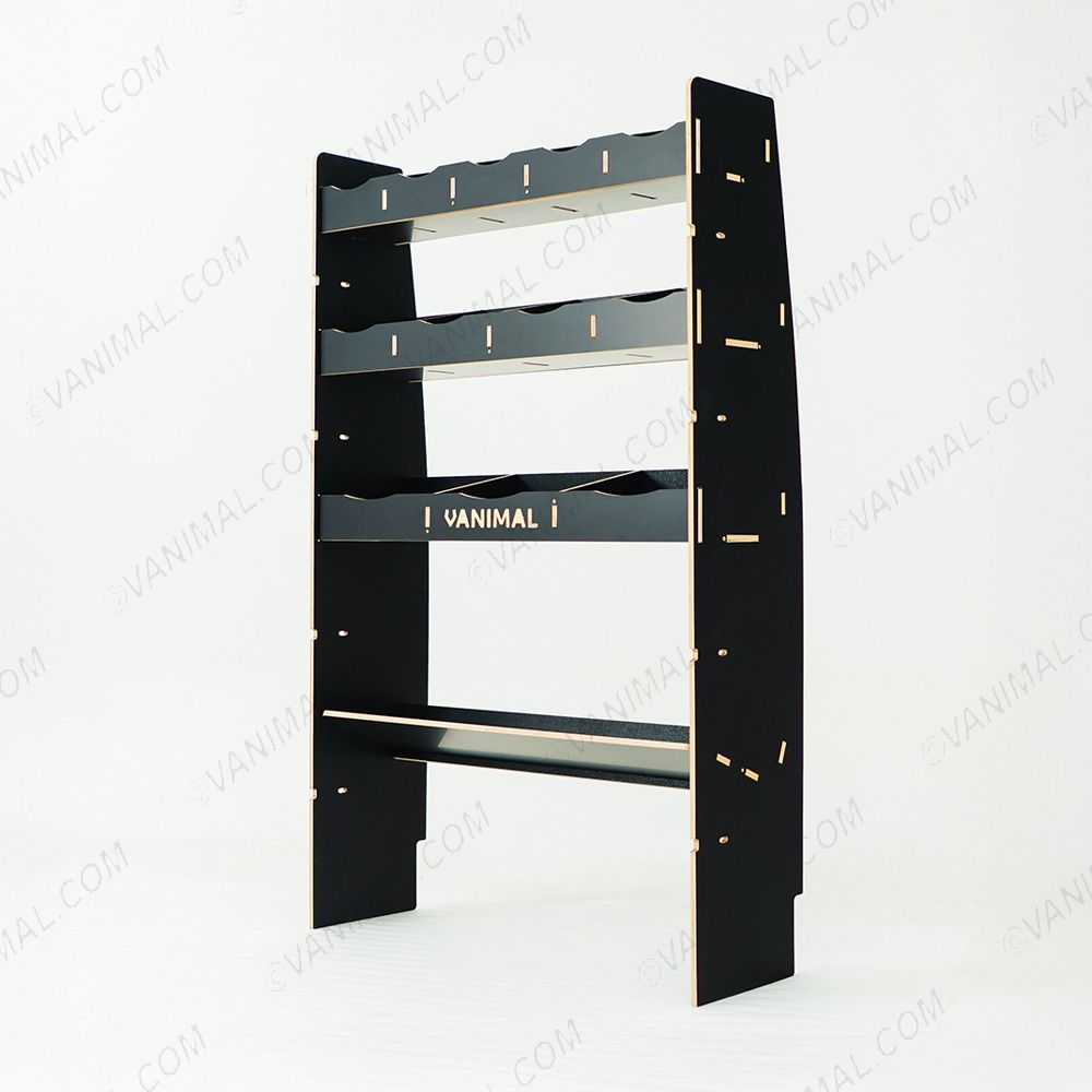 RH side angle view of the MAN TGE 2017- MWB Hexaboard Front Ply Racking with Toolbox Shelf 