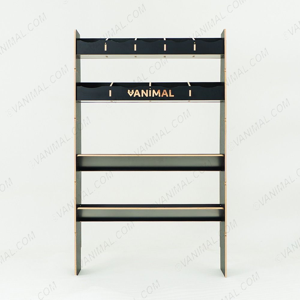 Front view of the MAN TGE 2017- MWB Hexaboard Front Ply Racking with 2 Toolbox Shelves 