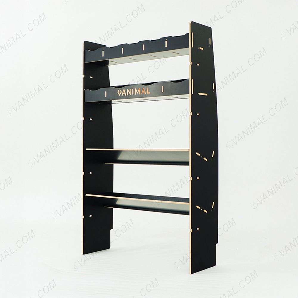 RH side angle view of the MAN TGE 2017- MWB Hexaboard Front Ply Racking with 2 Toolbox Shelves 