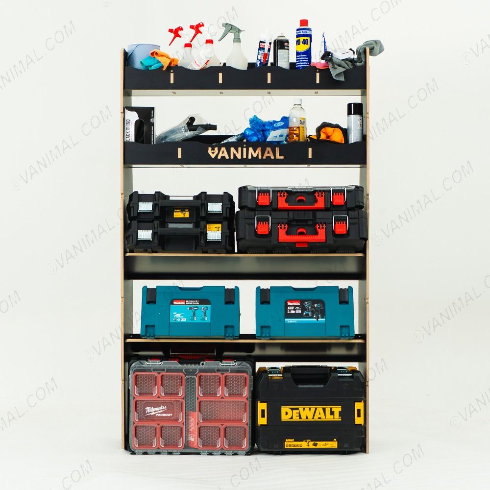 Front view of the MAN TGE 2017- MWB Hexaboard Front Ply Racking with 2 Toolbox Shelves displayed with tools, Makita, Milwaukee, festool and DeWalt toolboxes