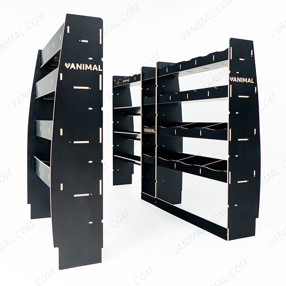 Full hexaboard L3 van racking setup for Nissan Interstar 2025 with toolbox front unit, middle infill and rear compartments