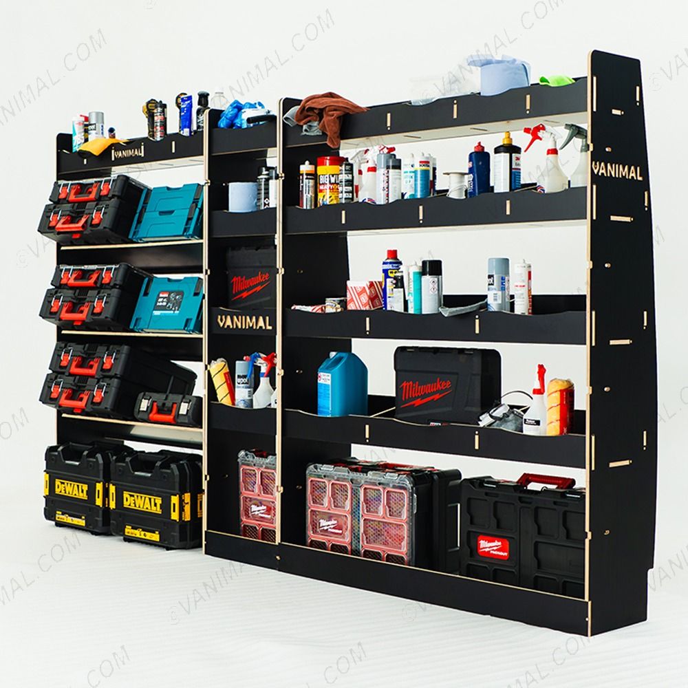 Full‑length hexaboard racking for Nissan Interstar 2025 with toolbox front, middle infill and rear 4‑shelf units