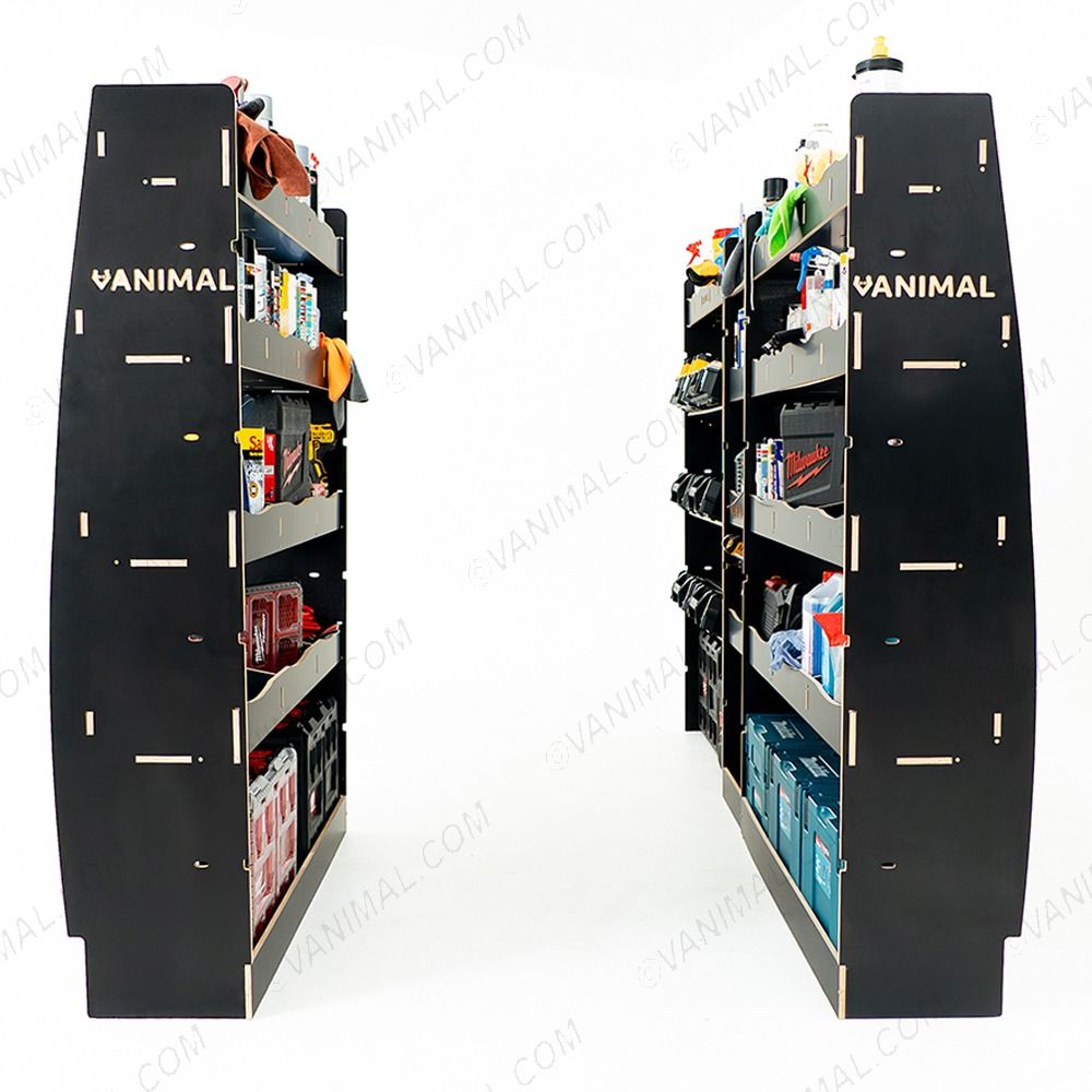 Nissan Interstar 2025 modular hexaboard racking with angled toolbox shelves, 8‑compartment middle infill and twin rear shelves