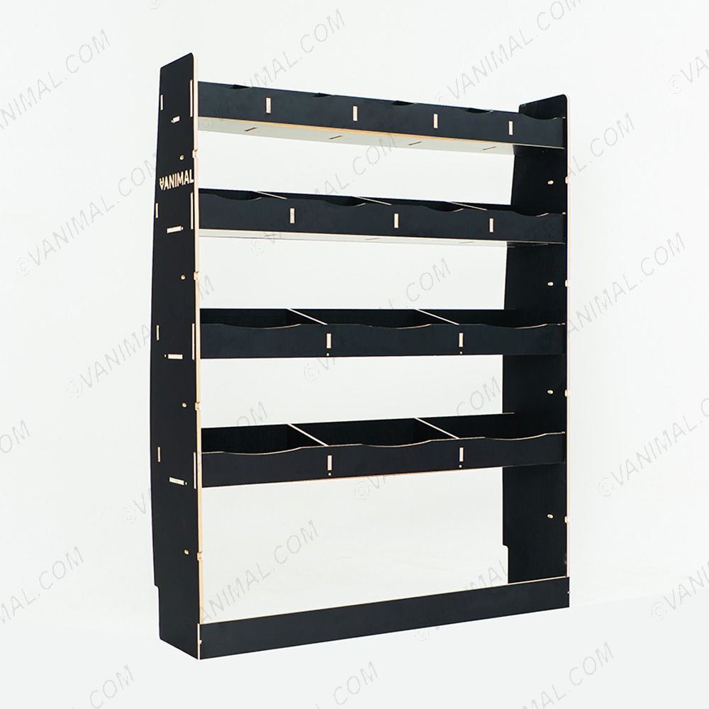 Modular hexaboard L3 racking for Nissan Interstar 2025 with toolbox shelves, 8‑compartment middle infill and rear compartments