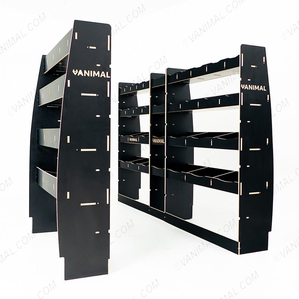 Full hexaboard L3 van racking setup for Nissan Interstar 2025 with front unit, middle infill and rear compartments