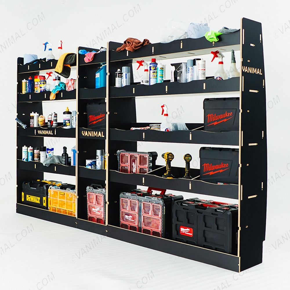 Nissan Interstar 2025 hexaboard L3 racking pack with front module, middle infill and dual 15‑compartment rear modules