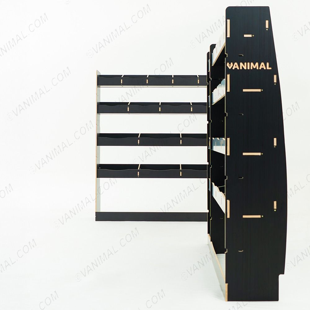 Nissan Interstar 2025 L3 modular hexaboard racking with bulkhead storage, 8‑compartment middle unit and 15‑compartment OS rear module