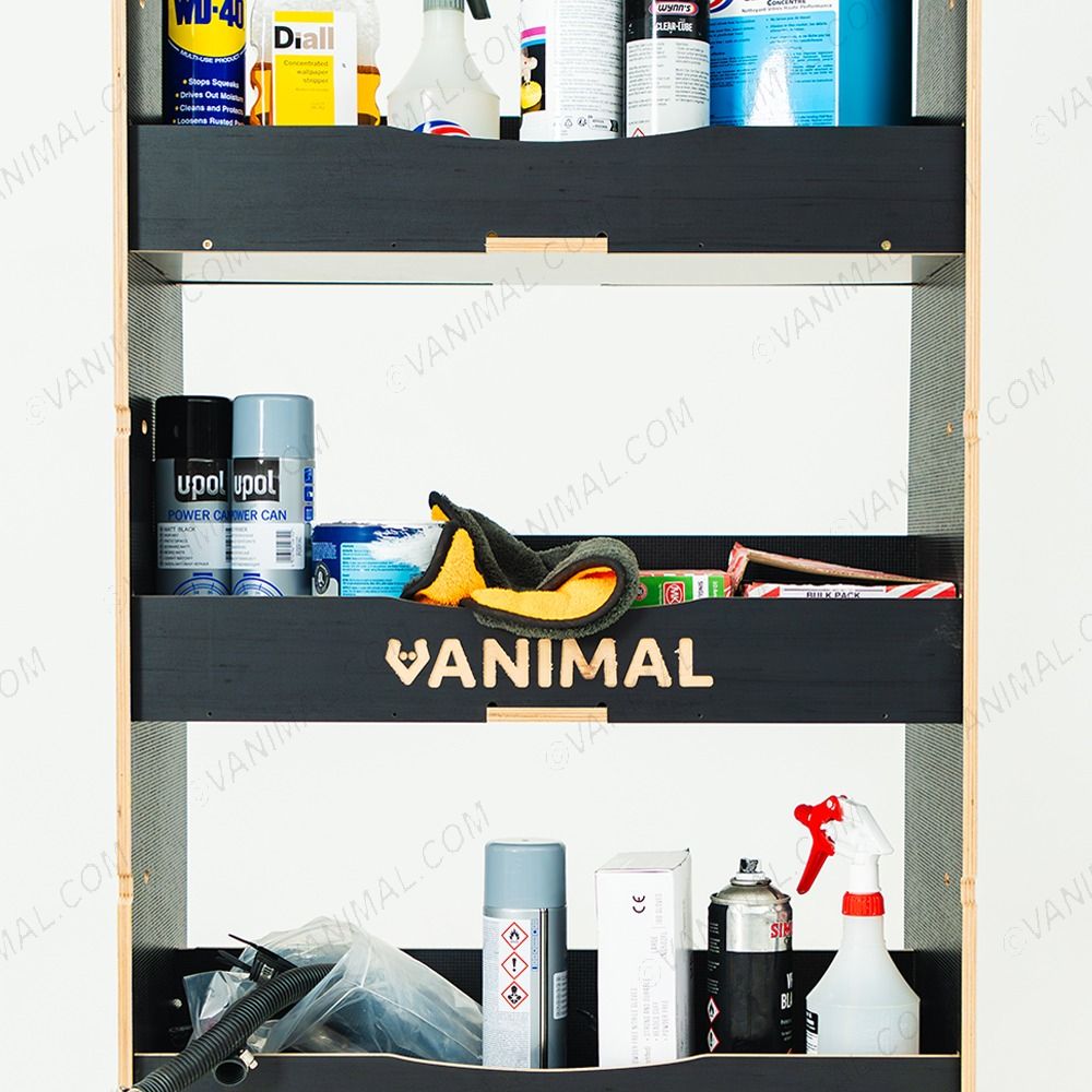 Close-up view of the racking compartments displayed with tools and equipment 