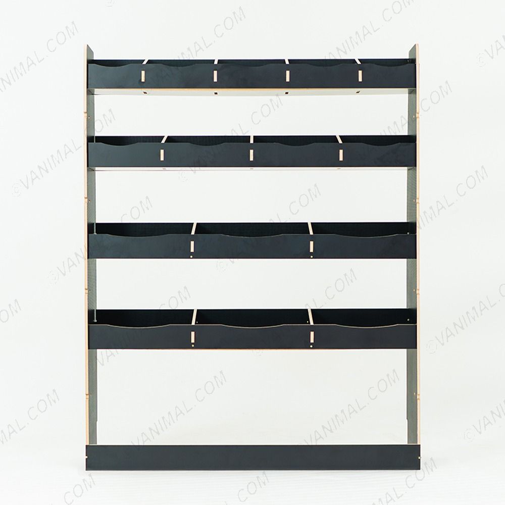 Front view of the Nissan NV400 MWB NS Rear Hexaboard Racking 