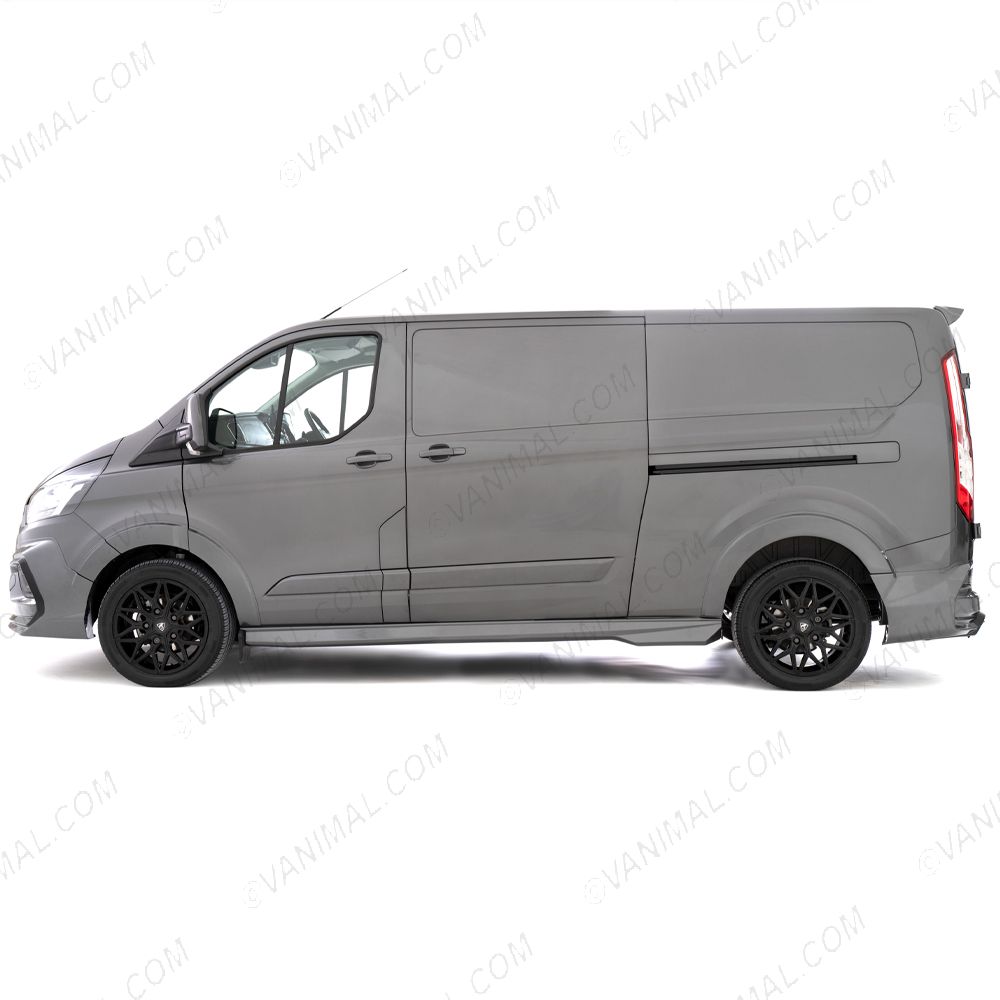 Side van view of the Ford Transit Custom fitted with Matte Black Viper Alloys