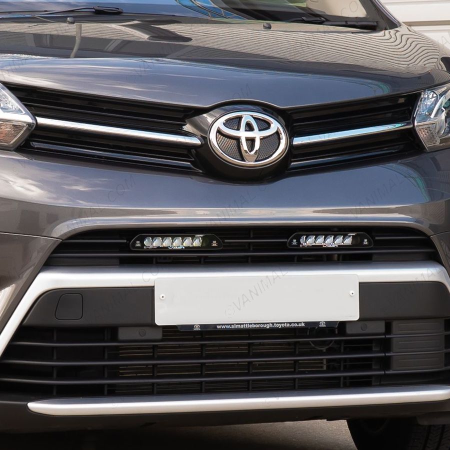 Close-up view of the Lazer Lampz Linear-6 Elite LED Light Bar Bumper Integration Kit fitted on the Toyota Proace (2016-2023) 
