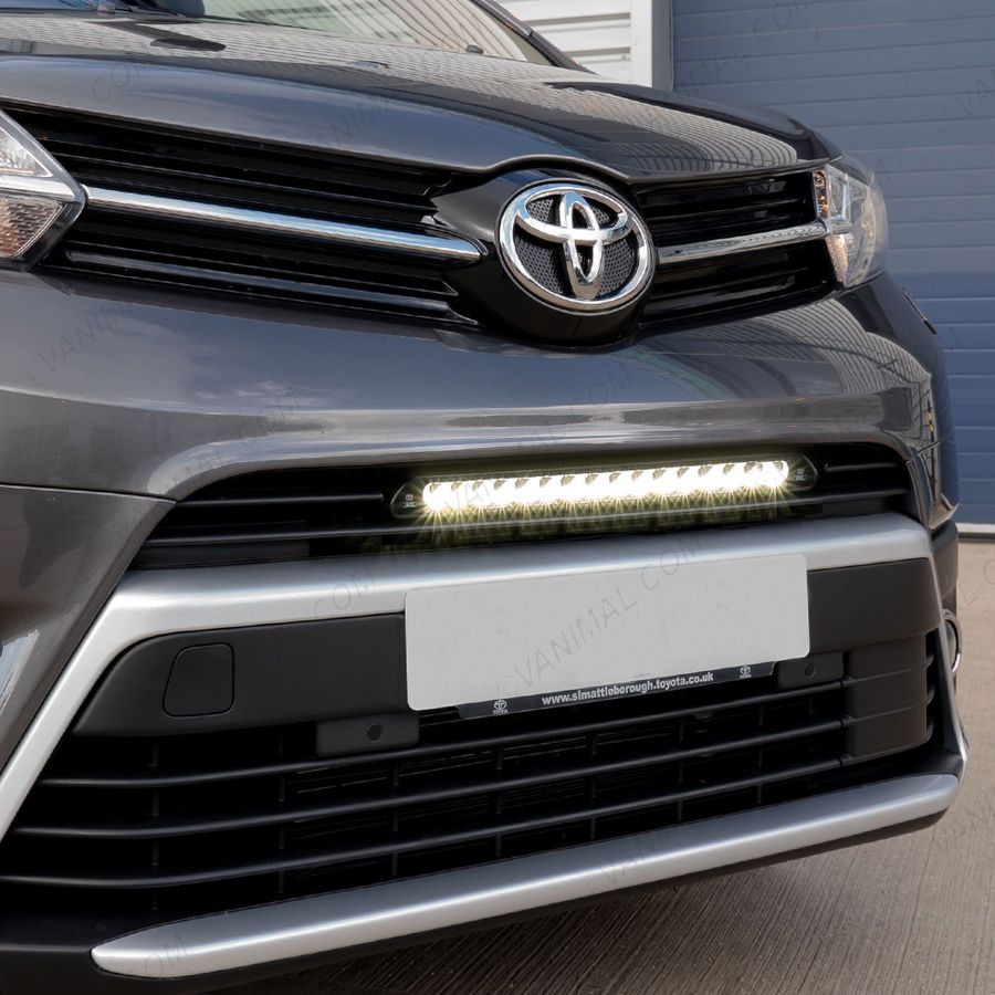 Close-up view of the Lazer Lamps Linear-18 LED Light Bar Bumper Integration Kit fitted on the Toyota Proace (2016-2023)