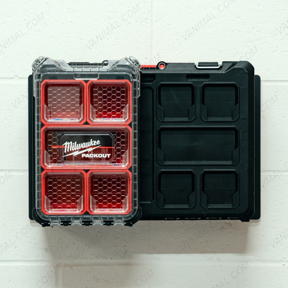 Front view of the Milwaukee PackOut Wall-Mount Shelf - displayed with toolboxes