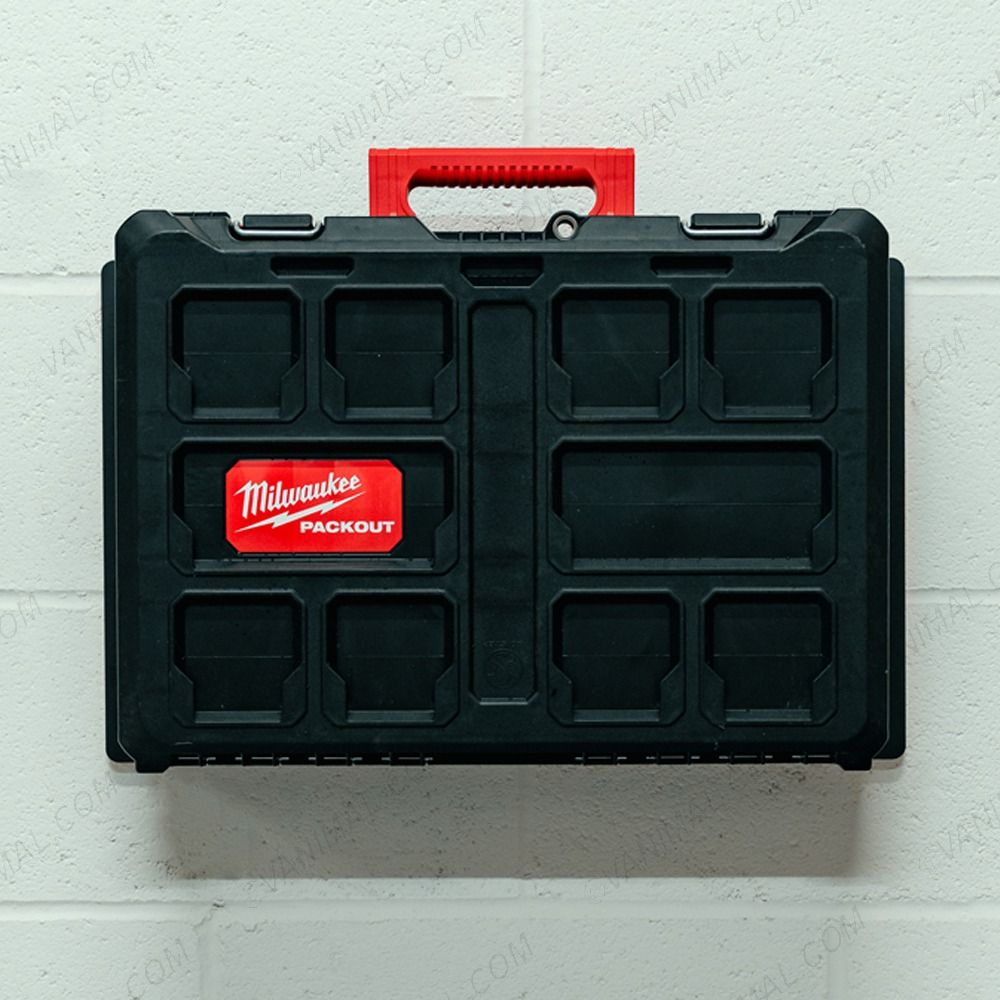 Front view of the Milwaukee PackOut Wall-Mount Shelf - displayed with toolbox