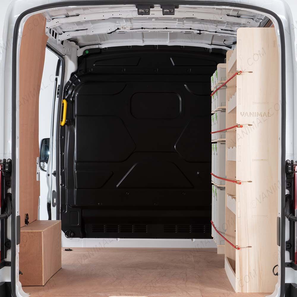 Ford Nissan Interstar 2025- Full Driver Side Ply Racking with Front Festool Shelving Rear View