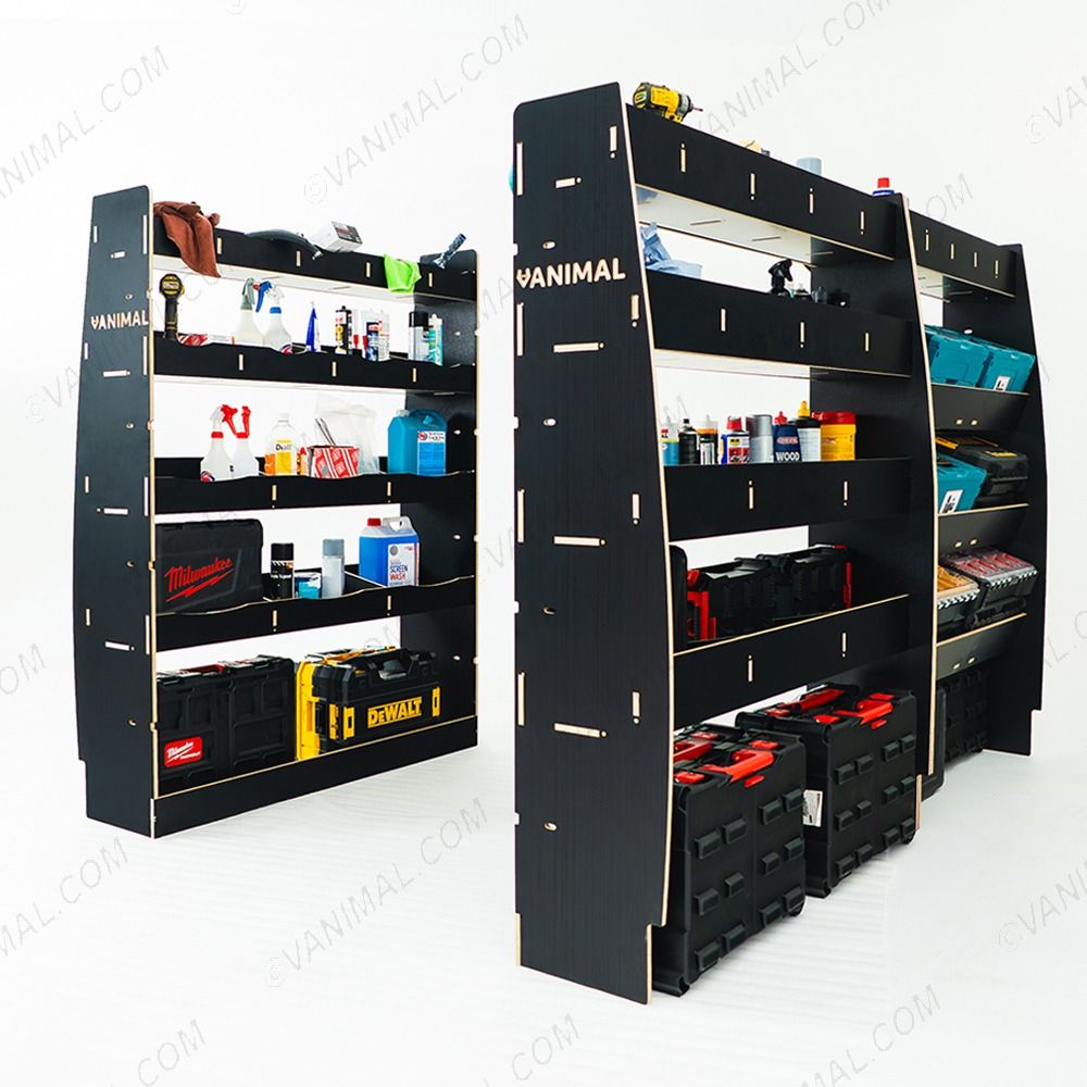 RH side angle view of the Citroen Relay 2006- SWB Hexaboard Triple Van Racking with x3 Toolbox Shelves displayed with tools and equipment 