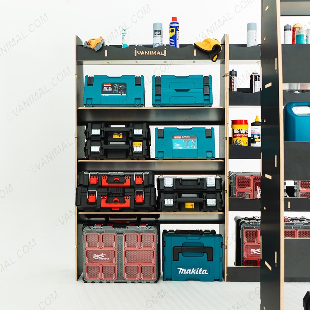 Side van view of the Citroen Relay 2006- SWB Hexaboard Triple Van Racking with x3 Toolbox Shelves displayed with tools and equipment 