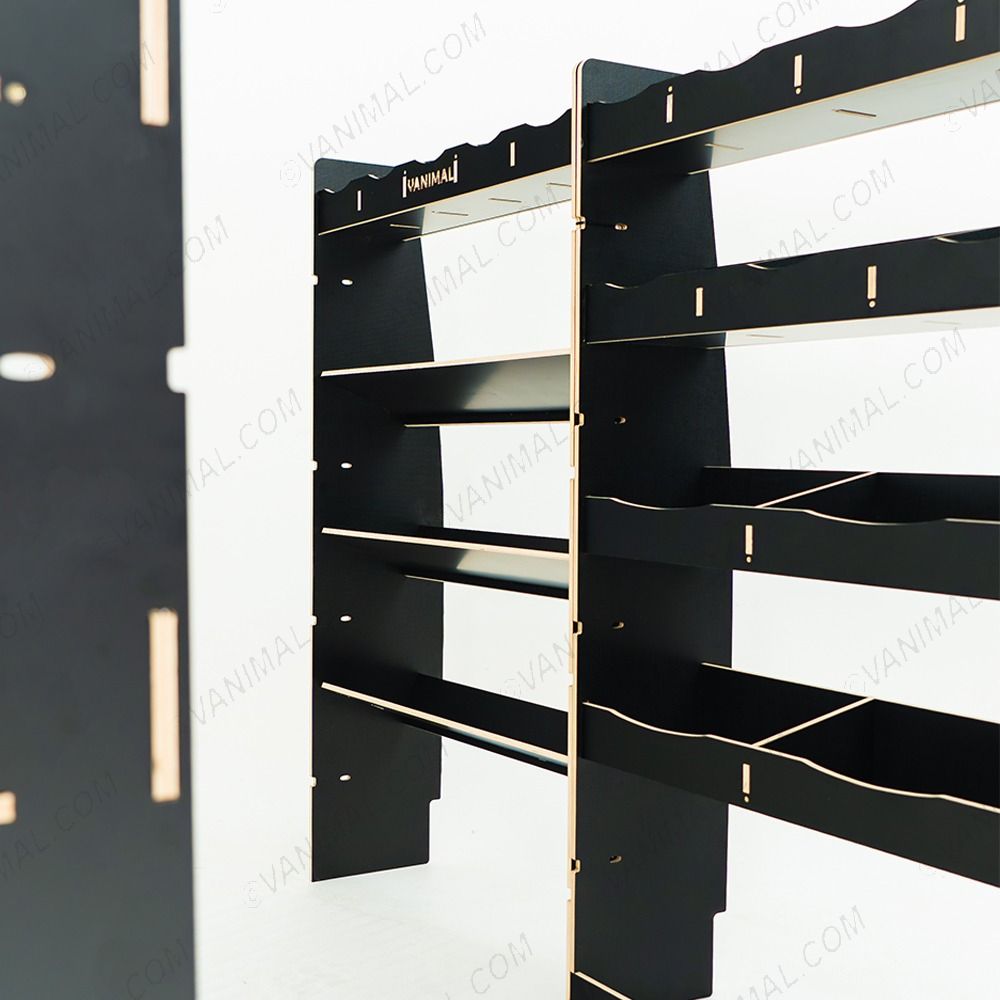 Close-up view of the racking compartments and shelves 