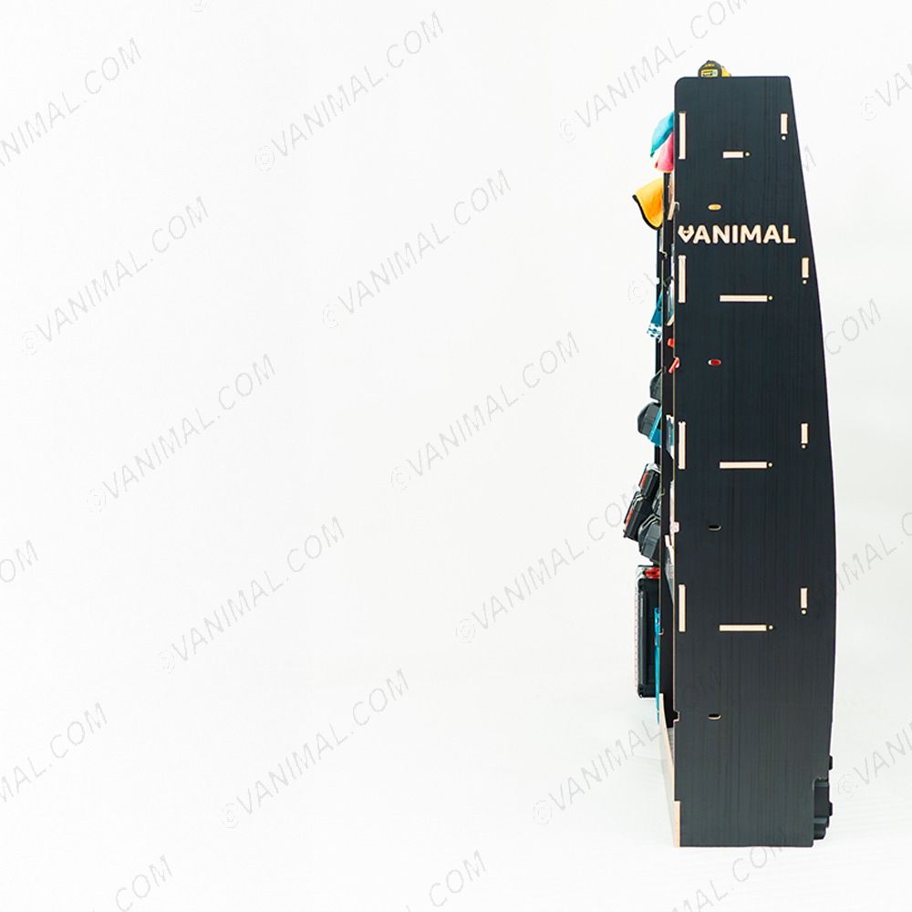 Rear van view of the Citroen Relay 2006- SWB Hexaboard Driver Side Van Racking with x3 Toolbox Shelves displayed with tools and toolboxes