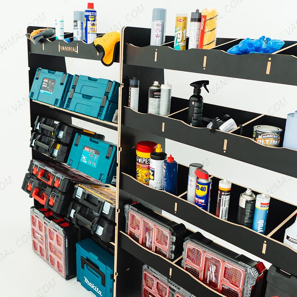 Close-up view of the Citroen Relay 2006- SWB Hexaboard Driver Side Van Racking with x3 Toolbox Shelves displayed with tools and toolboxes