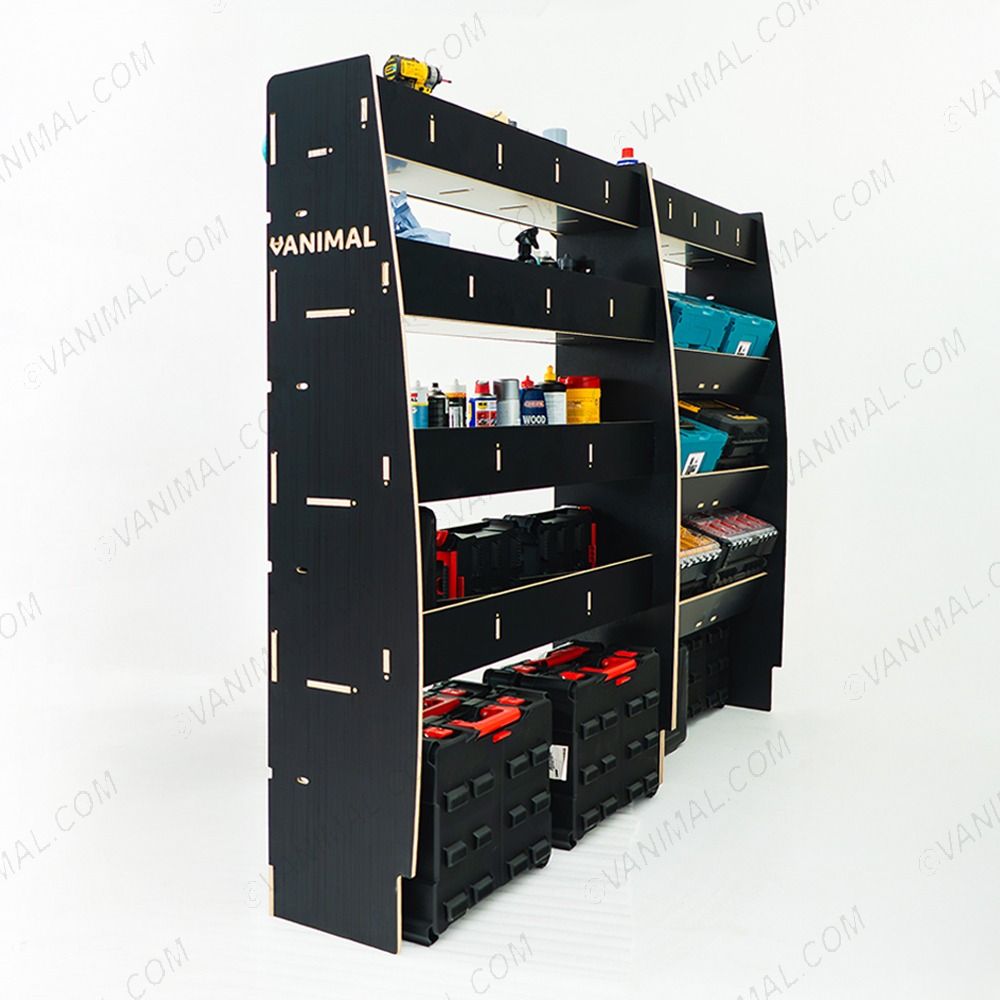 Back view of the Citroen Relay 2006- SWB Hexaboard Driver Side Van Racking with x3 Toolbox Shelves displayed with tools and toolboxes