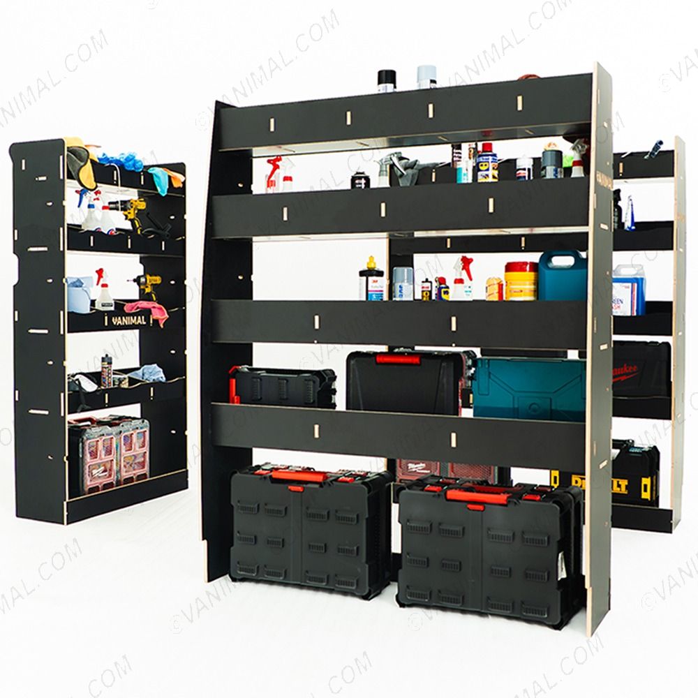 Rear van LH side angle view of the Citroen Relay 2006- SWB Hexaboard Double Rear and Bulkhead Racking displayed with tools and toolboxes