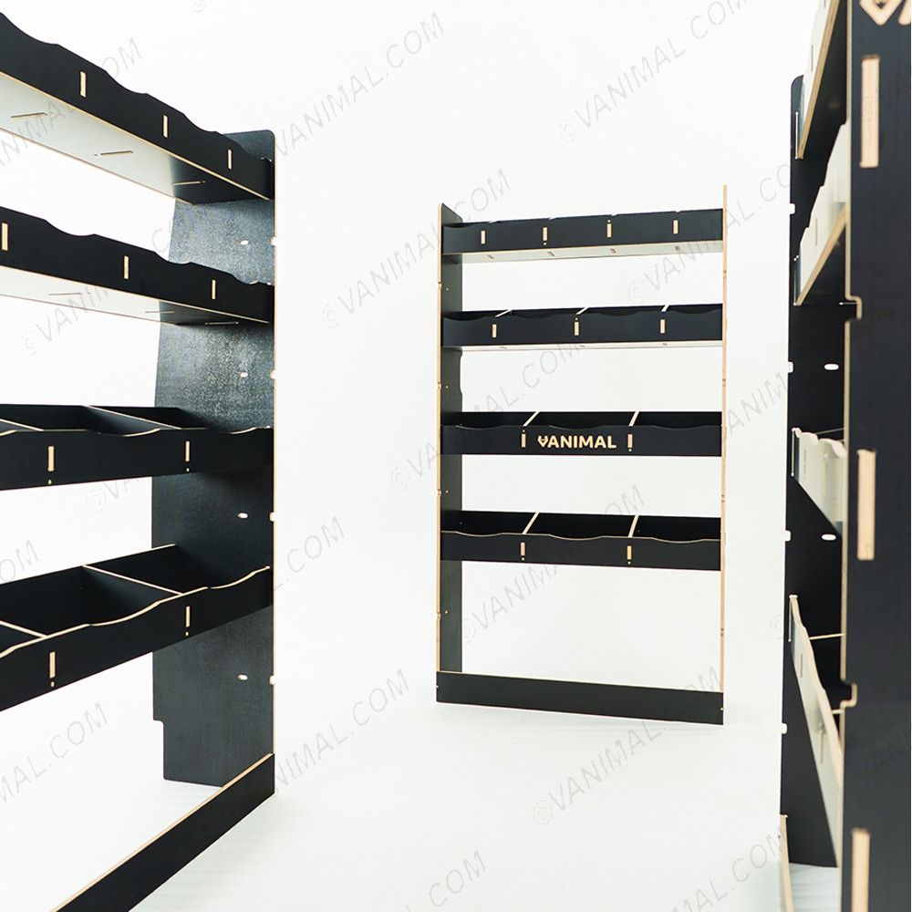 Close-up rear van view of the Citroen Relay 2006- SWB Hexaboard Double Rear and Bulkhead Racking 