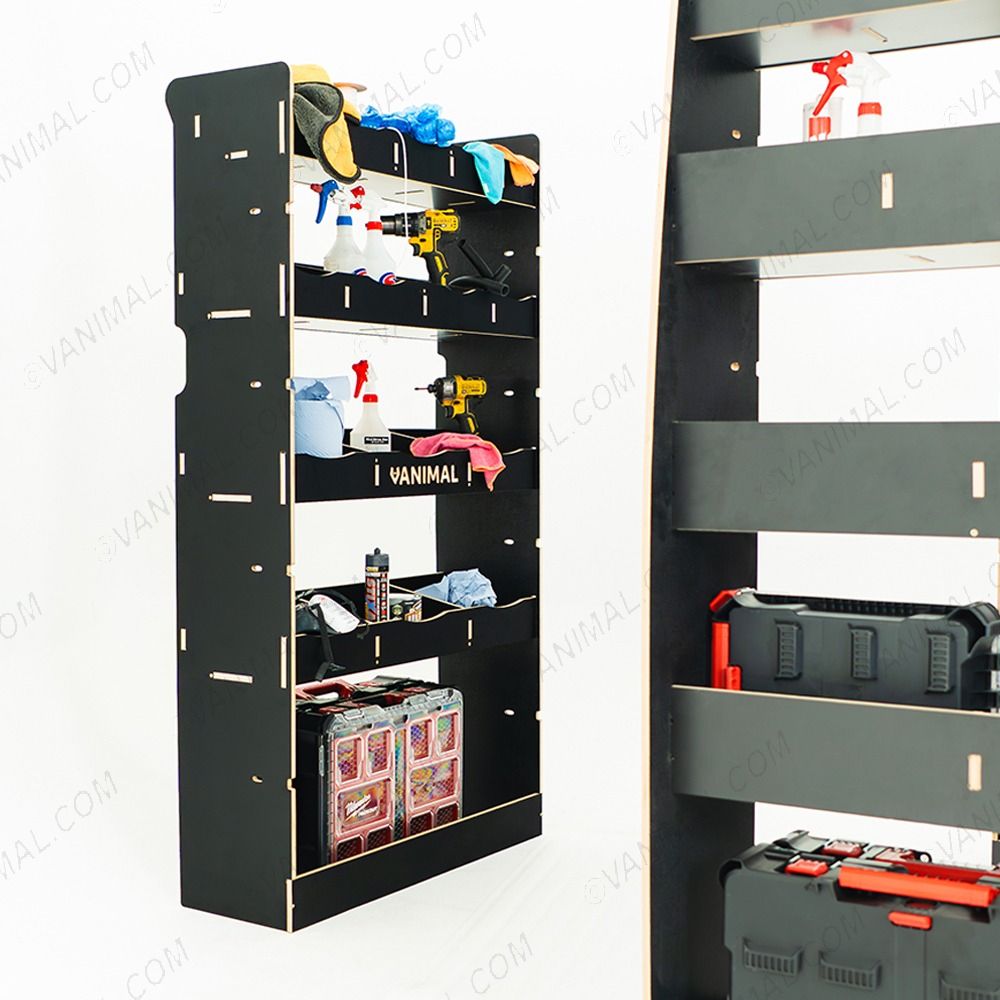 Close-up side van view of the Citroen Relay 2006- SWB Hexaboard Double Rear and Bulkhead Racking displayed with tools and toolboxes