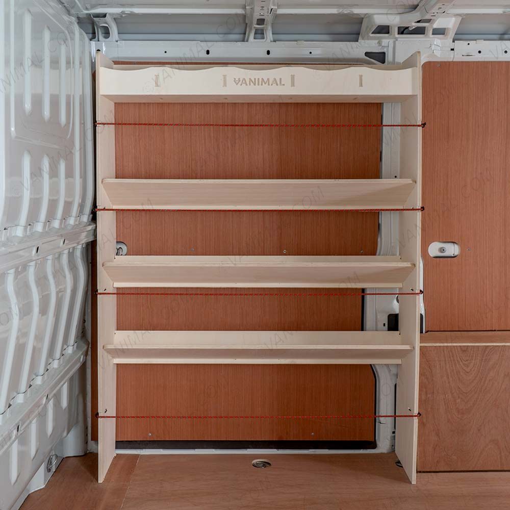 Side door view of Fiat Ducato front OS Toolbox Shelf Racking Unit