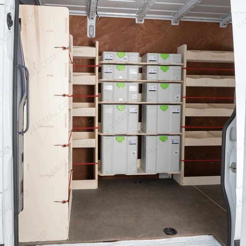 Side van view of Mercedes Sprinter LWB L3 2006-2018 Full Driver Side, Festool and Bulkhead Racking and Shelving Units (5 Pack)
