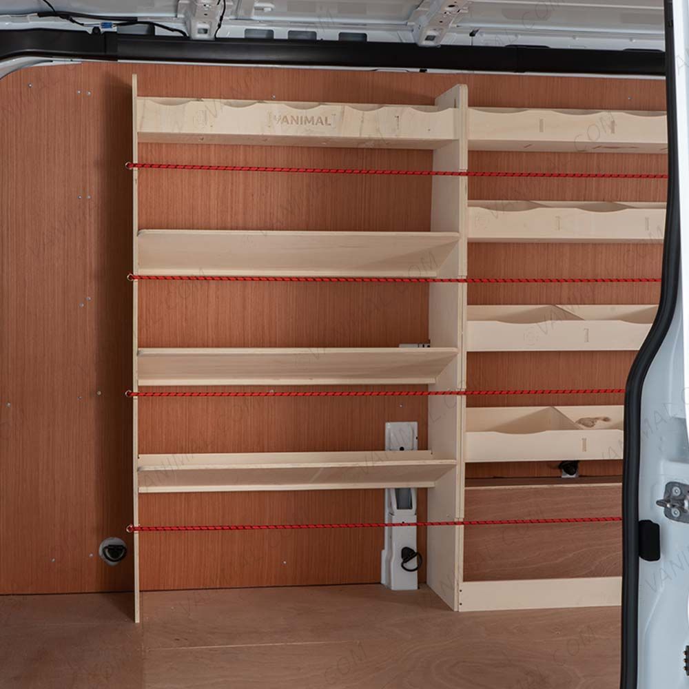 Side Door View of Driver Side Ply Racking with Front Toolbox Shelving for Nissan Interstar 2025-