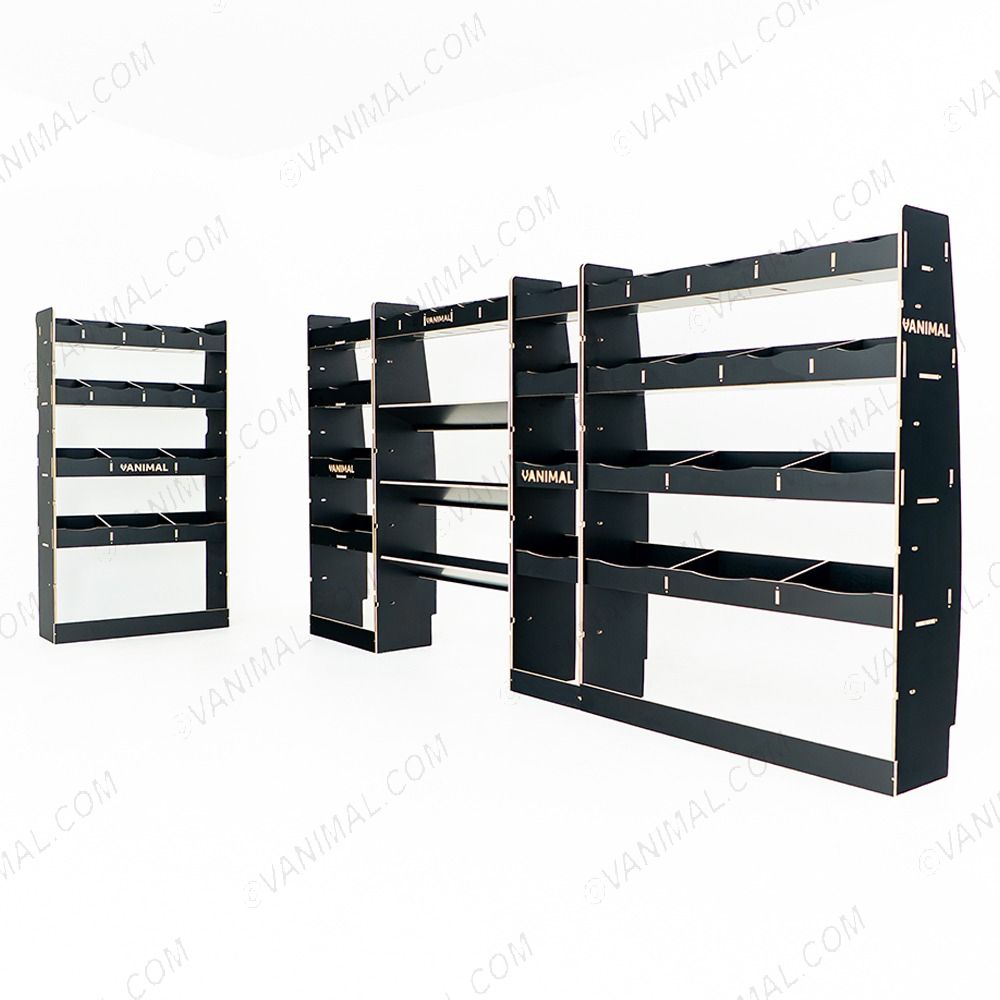 Full hexaboard van racking setup for Nissan Interstar 2025 L3 with bulkhead, toolbox front unit, infill and rear shelving