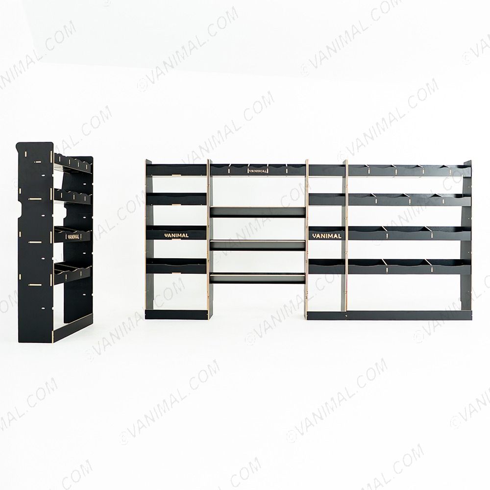 Professional hexaboard van racking configuration for Nissan Interstar 2025 with bulkhead and full driver-side shelving