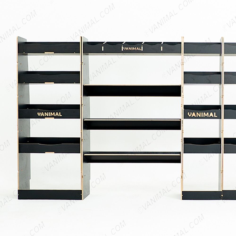 Durable hexaboard modular van racking for Nissan Interstar 2025 with toolbox shelves, infill and rear compartments