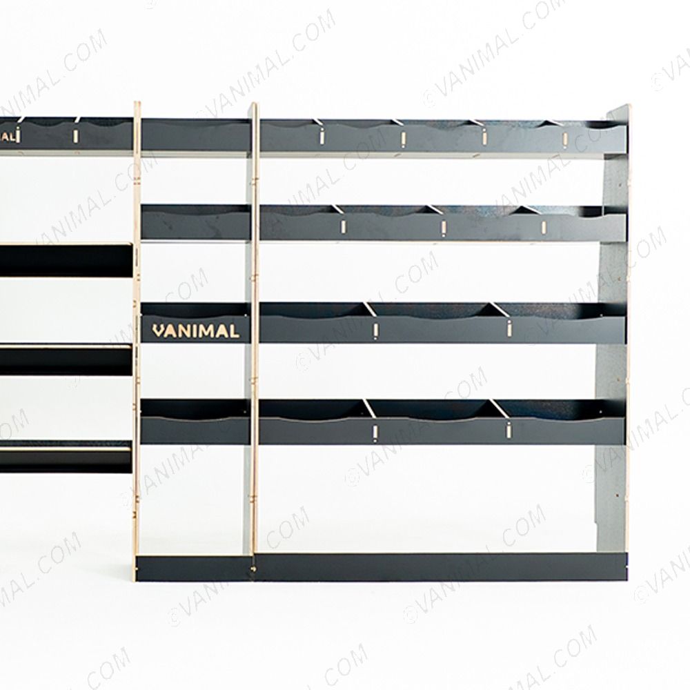 Full-length hexaboard racking for Nissan Interstar 2025 with bulkhead, toolbox front, middle module and rear shelving