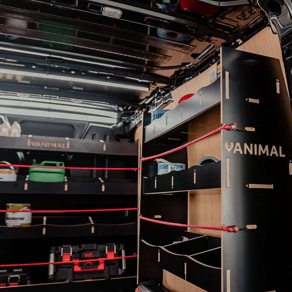 Close-up side panel view of the Vanimal branding and pre-notched for bungee cords
