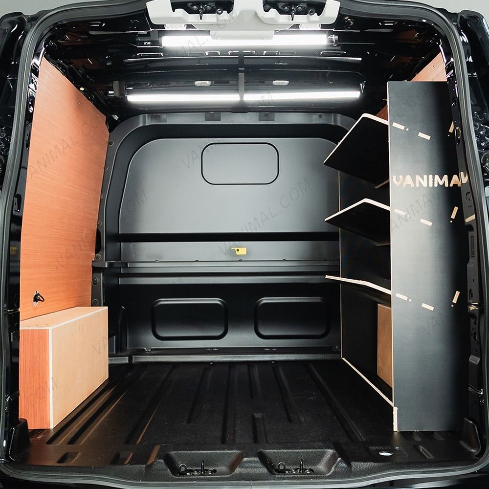 Rear van view of the VW Transporter T7 Kombi LWB OS Hexaboard Toolbox Van Shelving