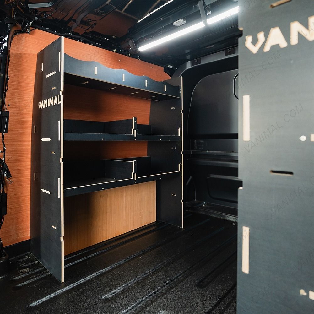 NS rear van view of the VW Transporter T7 Kombi LWB Double MakPac Hexaboard Van Racking 