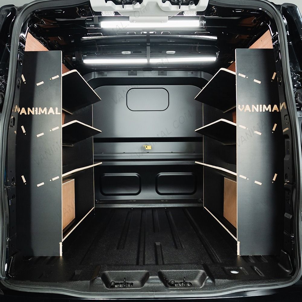 Rear van view of the VW Transporter T7 Kombi LWB Double Toolbox Hexaboard Van Shelving (Pair)