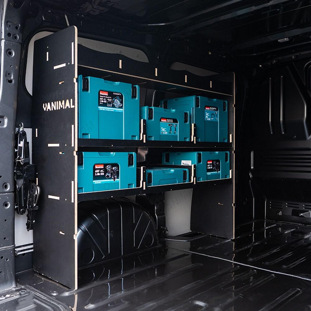 Rear van side angle view of the VW Transporter T7 LWB Hexaboard NS Rear MakPac/Toolbox Van Racking