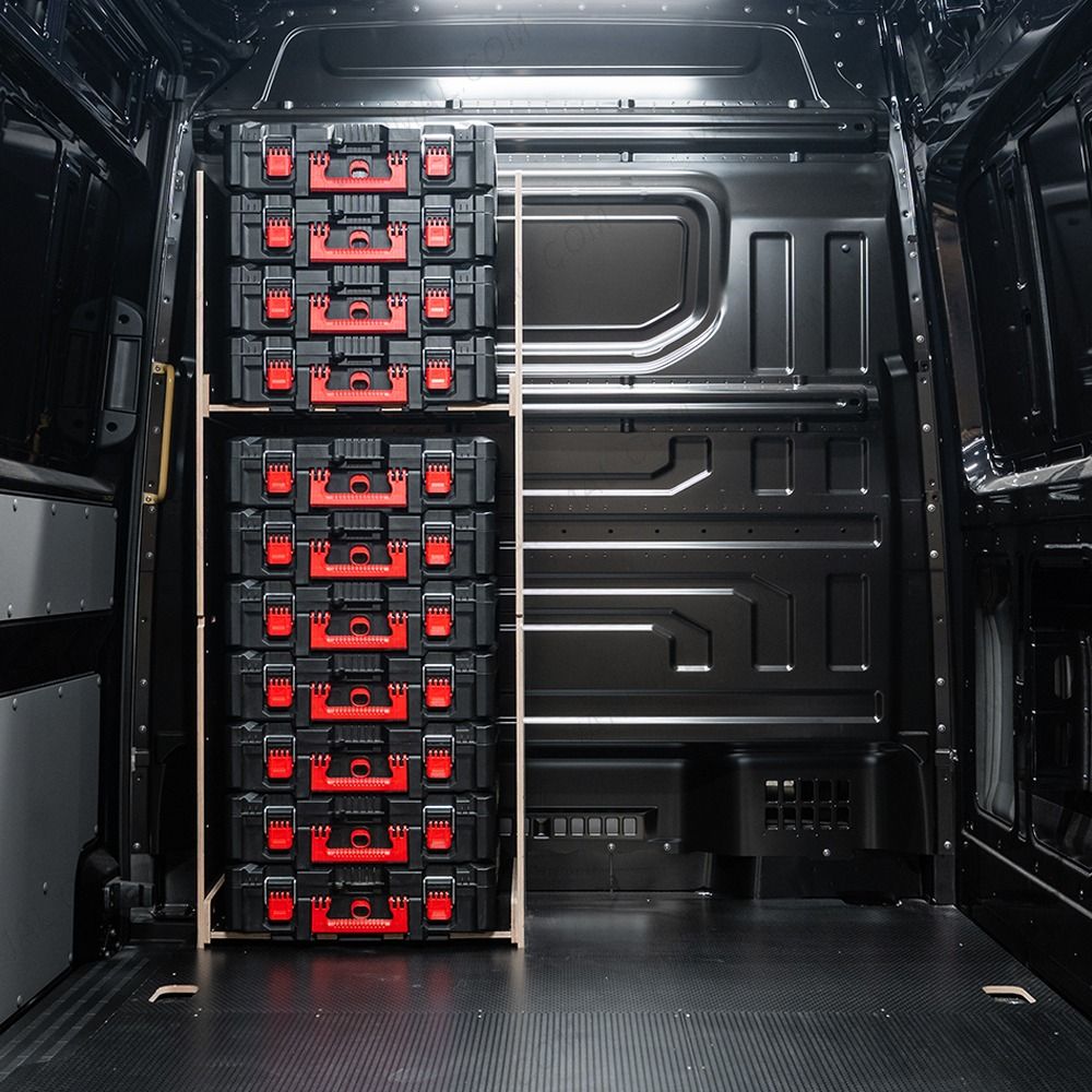 Rear van view of the VW Crafter 2017+ Milwaukee Packout Toolbox Compatible Van Racking - Bulkhead displayed with Milwaukee toolboxes