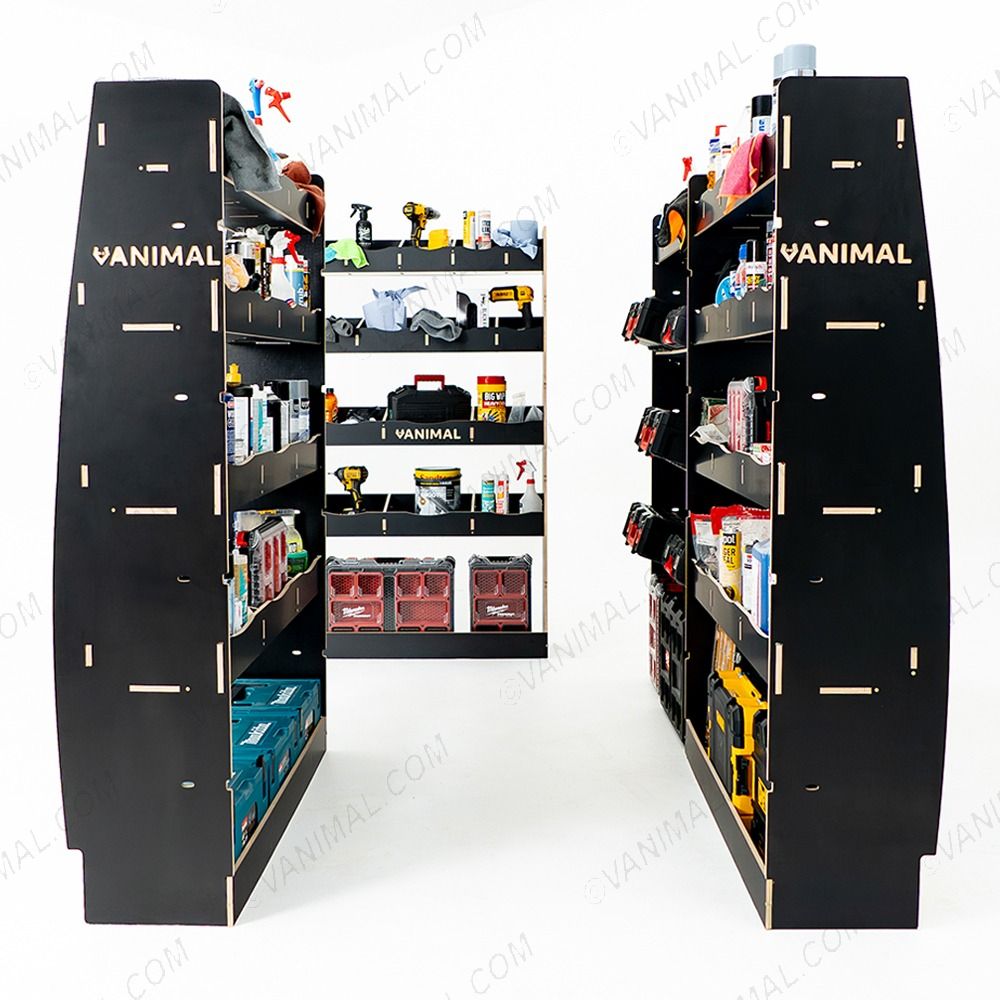 Nissan Interstar 2025 hexaboard 4‑pack racking system with bulkhead, toolbox shelves and dual rear 15‑compartment modules