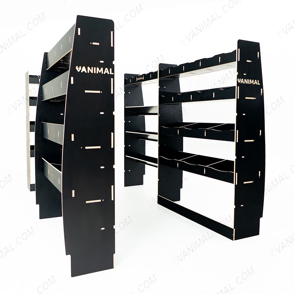 Heavy‑duty hexaboard 4‑module racking for Nissan Interstar 2025 with bulkhead, toolbox shelves and multi‑compartment rear storage