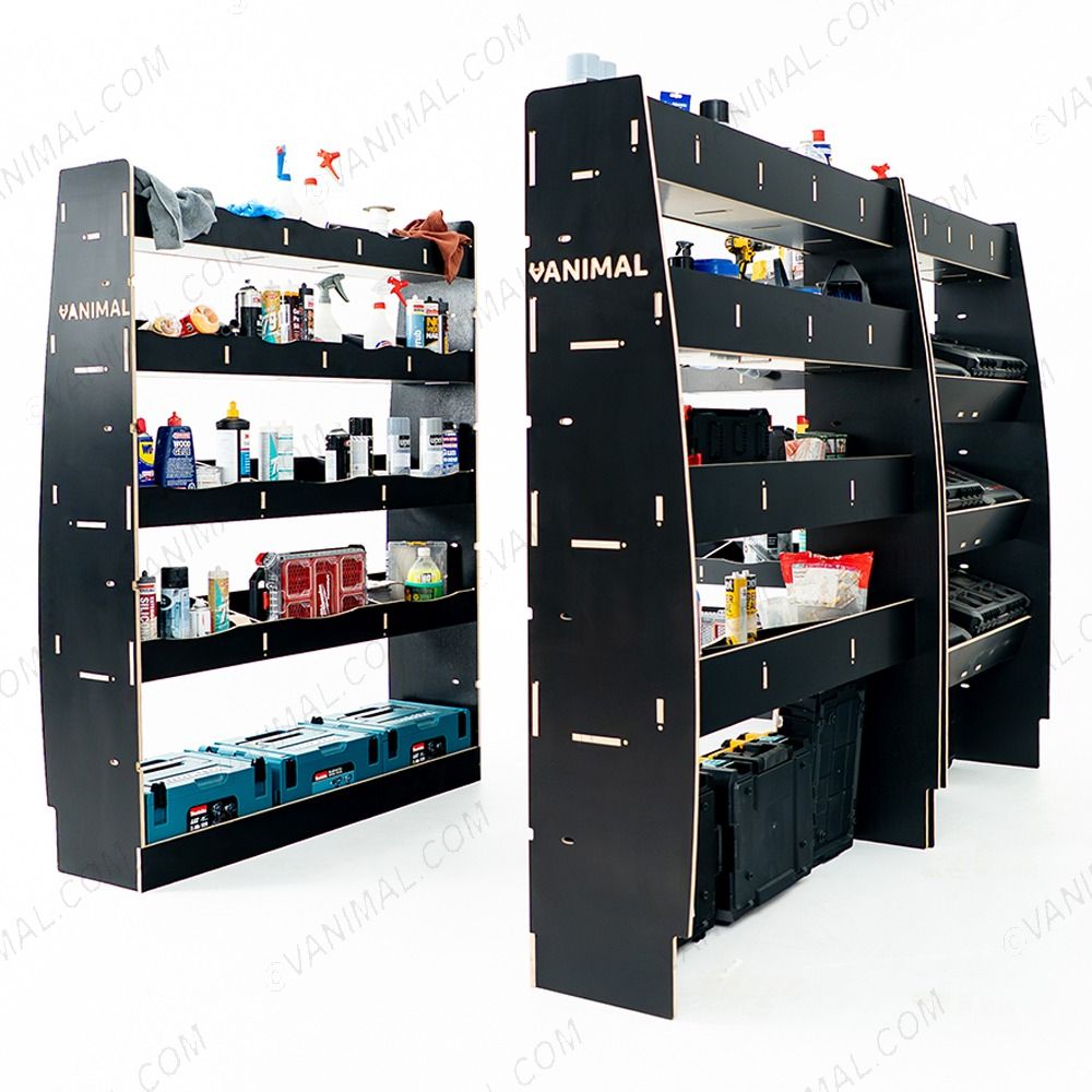 Complete Nissan Interstar 2025 hexaboard racking system with bulkhead, OS front toolbox and NS/OS rear shelving