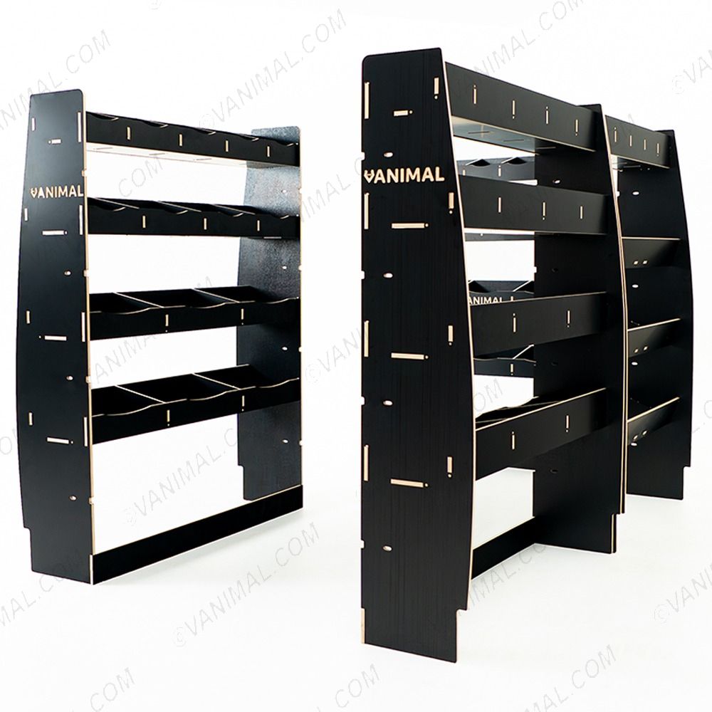 Professional hexaboard van racking configuration for Nissan Interstar 2025 with bulkhead, toolbox and rear compartment units