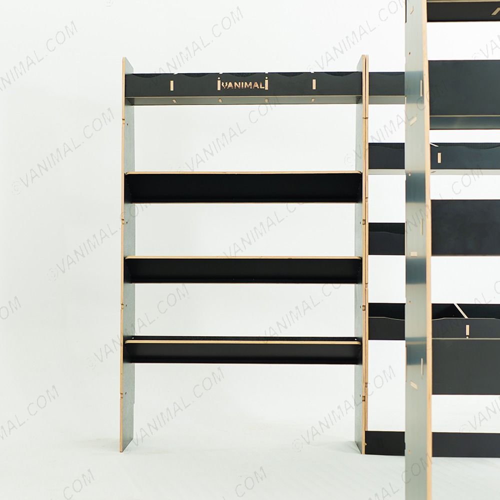 Durable hexaboard modular van racking for Nissan Interstar 2025 with bulkhead, angled shelves and dual rear storage