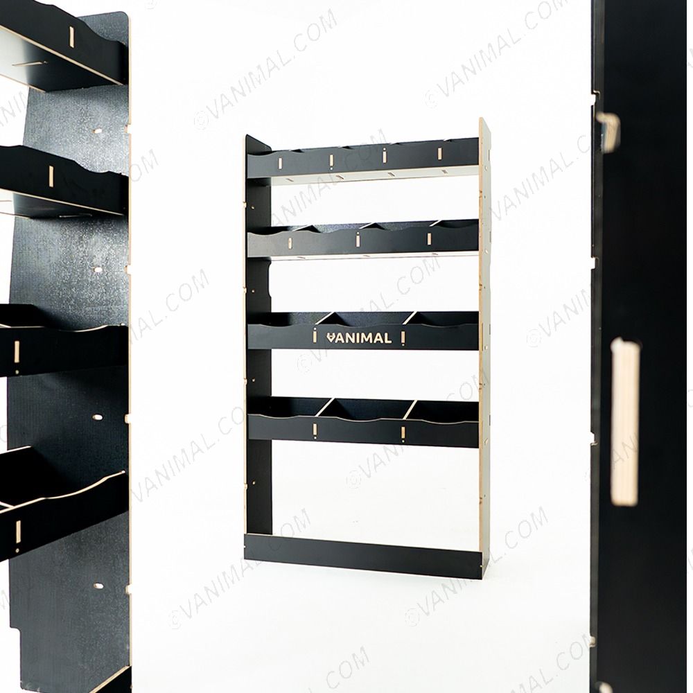 Full‑length hexaboard racking for Nissan Interstar 2025 with bulkhead compartments and front toolbox module