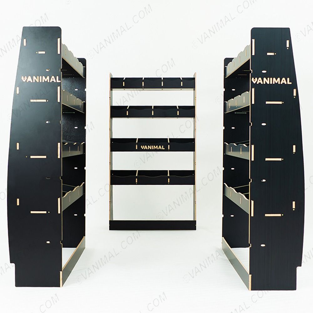 Full hexaboard van racking setup for Nissan Interstar 2025 with bulkhead shelving and double rear compartment units